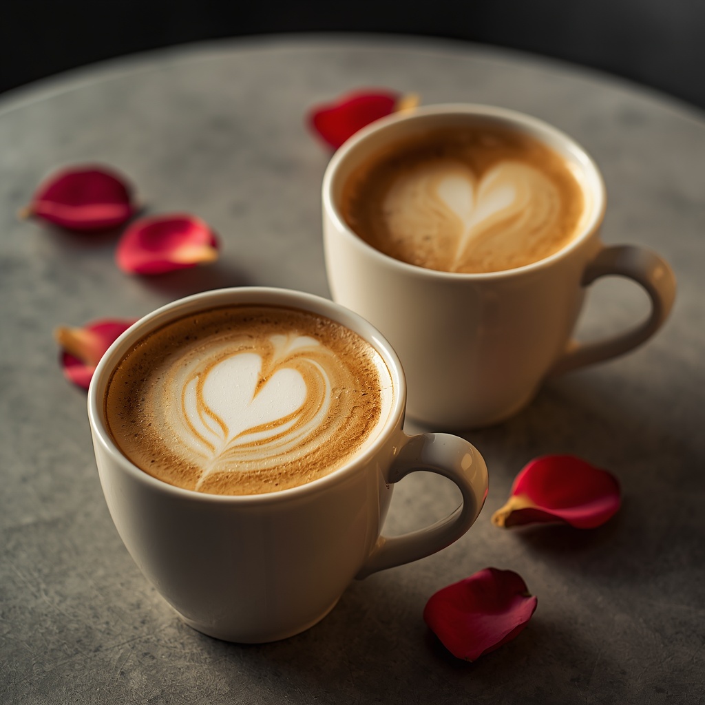 Two coffee cups on a table with a heart shape drawn in foam, soft warm lighting and rose petals scattered nearby