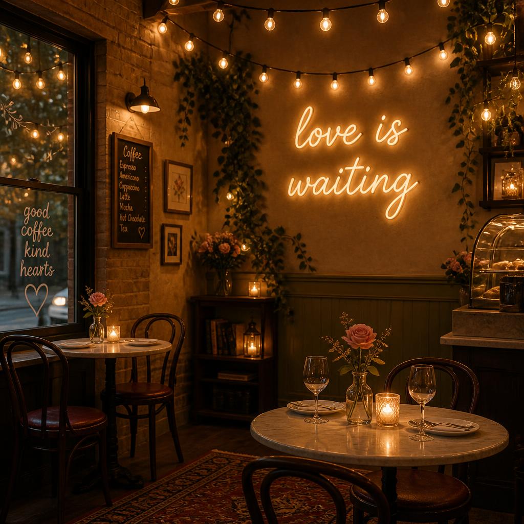 A cozy cafe interior with warm string lights and a sign reading love is waiting, empty tables set for two